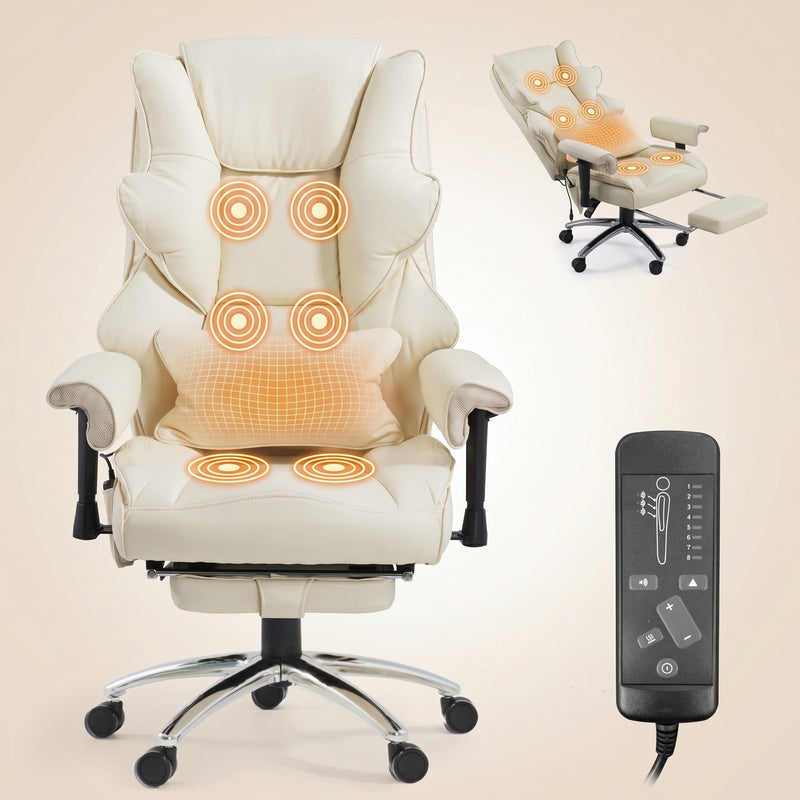 Black executive office chair with heat and massage shown from multiple angles with highlighted massage points