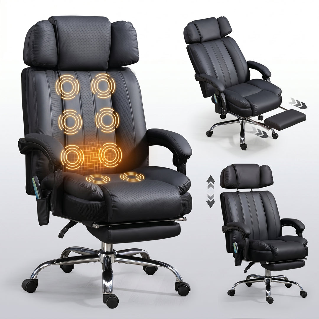 Black executive office chair with heat and massage shown from multiple angles with highlighted massage points