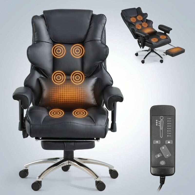 Black executive office chair with heat and massage shown from multiple angles with highlighted massage points
