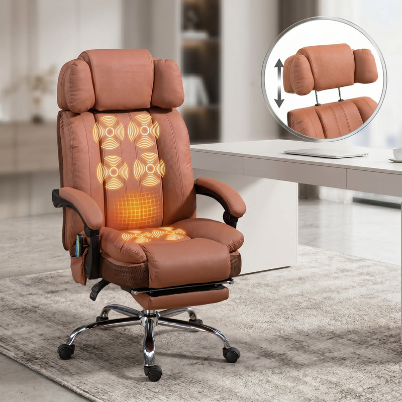 Black executive office chair with heat and massage shown from multiple angles with highlighted massage points