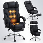 Black executive office chair with heat and massage shown from multiple angles with highlighted massage points