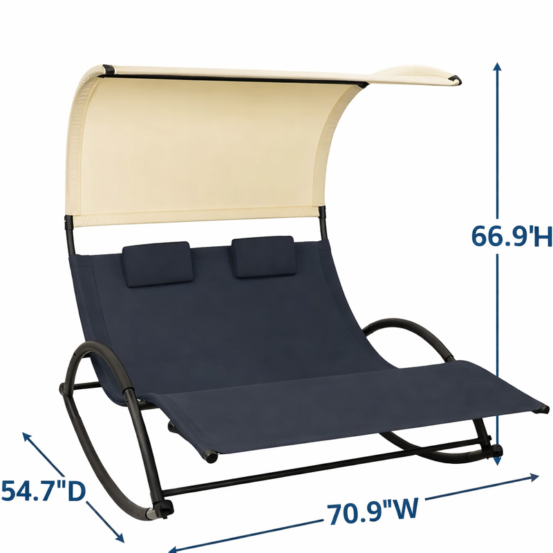 Dimension diagram of the navy outdoor chaise lounger, 95.5 by 40.5 by 53 inches with 350 lb capacity