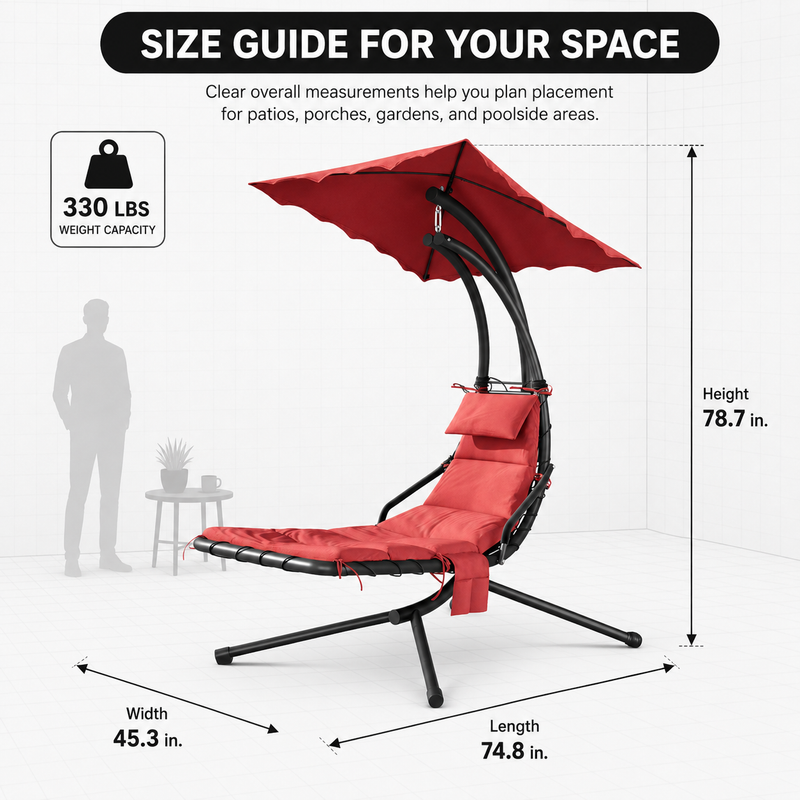 Dimension diagram of the navy outdoor chaise lounger, 95.5 by 40.5 by 53 inches with 350 lb capacity