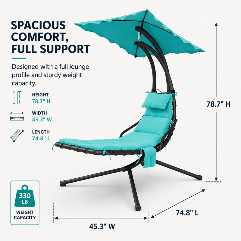 Dimension diagram of the navy outdoor chaise lounger, 95.5 by 40.5 by 53 inches with 350 lb capacity