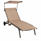 Navy outdoor chaise lounger with canopy, cushion and headrest pillow on a patio