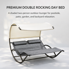 Navy outdoor chaise lounger with canopy, cushion and headrest pillow on a patio