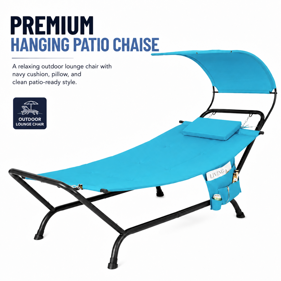 Navy outdoor chaise lounger with canopy, cushion and headrest pillow on a patio
