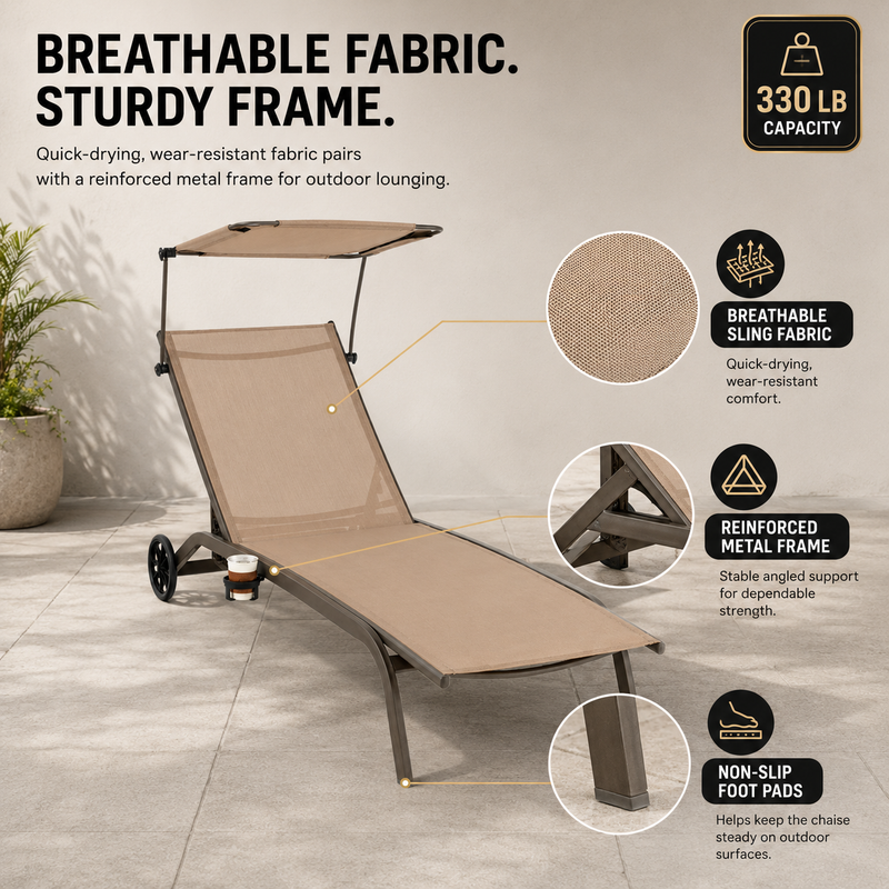 Navy outdoor lounger with canopy and a close-up of its weather-ready fabric
