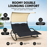 Navy outdoor lounger with canopy and a close-up of its weather-ready fabric