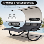 Navy outdoor lounger with canopy and a close-up of its weather-ready fabric