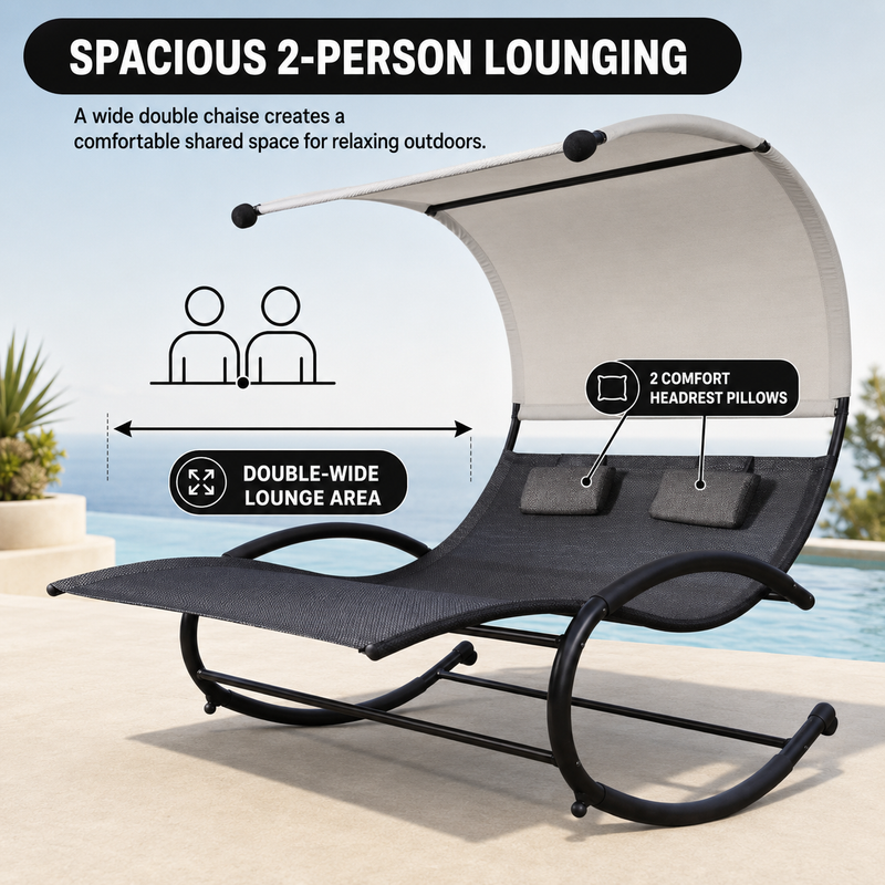Navy outdoor lounger with canopy and a close-up of its weather-ready fabric