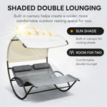 Navy outdoor lounger with canopy and a close-up of its weather-ready fabric