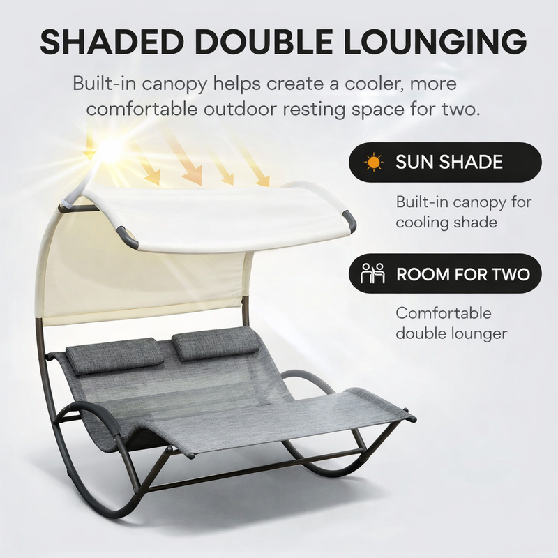 Navy outdoor lounger with canopy and a close-up of its weather-ready fabric