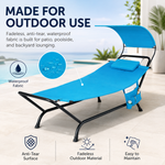 Navy outdoor lounger with canopy and a close-up of its weather-ready fabric