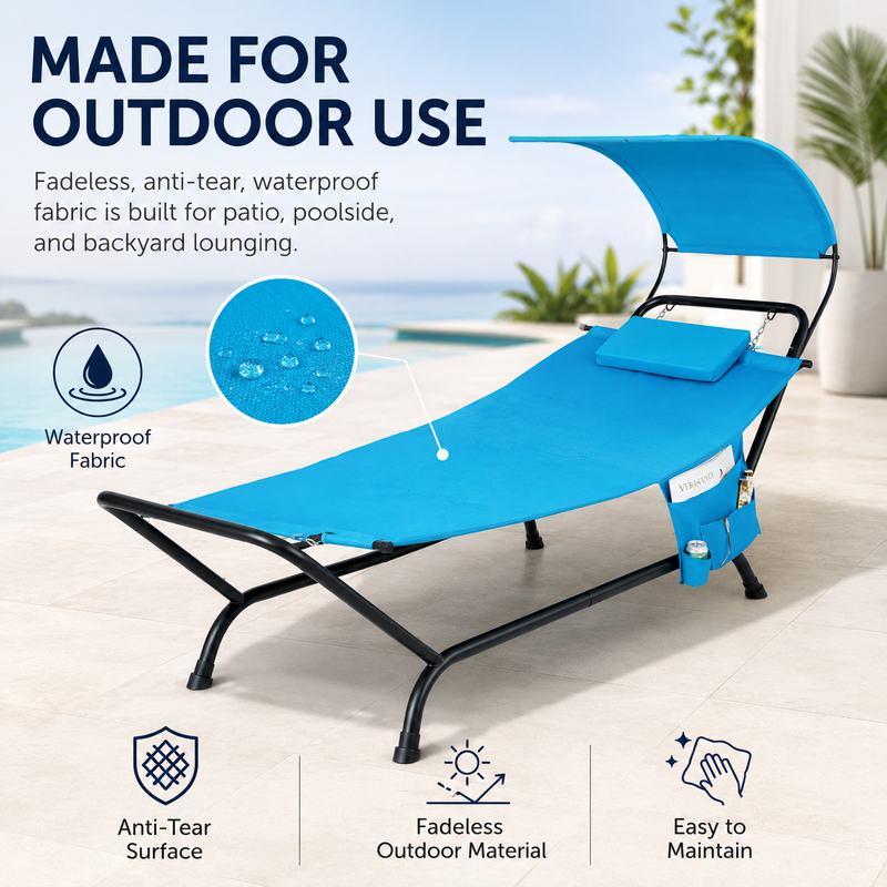 Navy outdoor lounger with canopy and a close-up of its weather-ready fabric