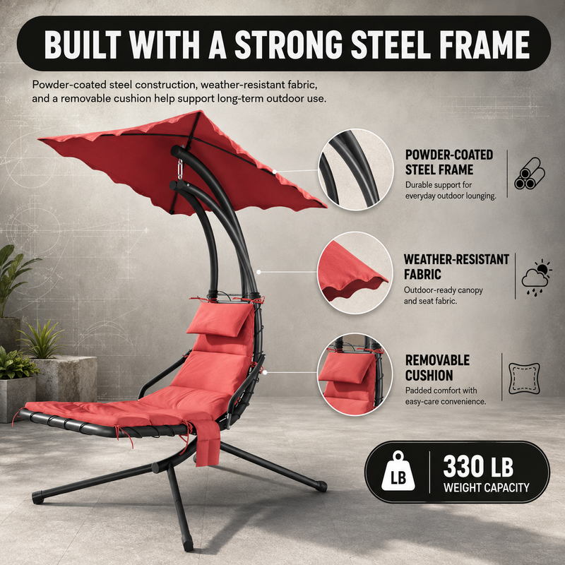 Navy outdoor lounger with canopy and a close-up of its weather-ready fabric
