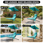 Navy outdoor lounger with canopy and a close-up of its weather-ready fabric