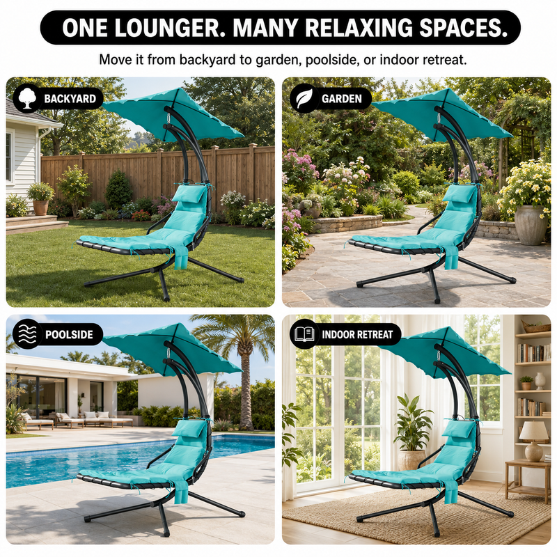 Navy outdoor lounger with canopy and a close-up of its weather-ready fabric
