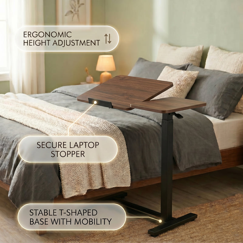 Telescoping height adjustment column on adjustable overbed table, range markers visible