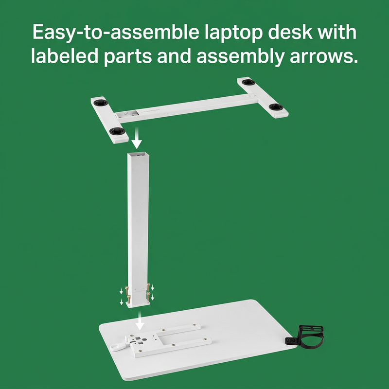 Telescoping height adjustment column on adjustable overbed table, range markers visible