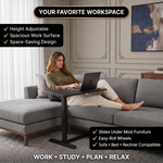 Telescoping height adjustment column on adjustable overbed table, range markers visible