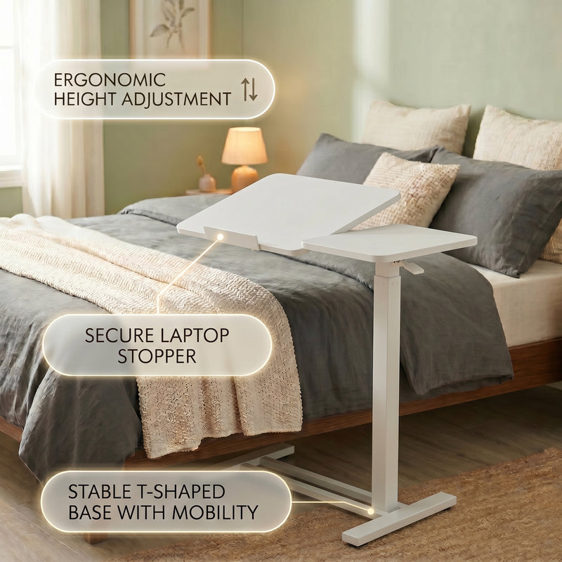 Telescoping height adjustment column on adjustable overbed table, range markers visible
