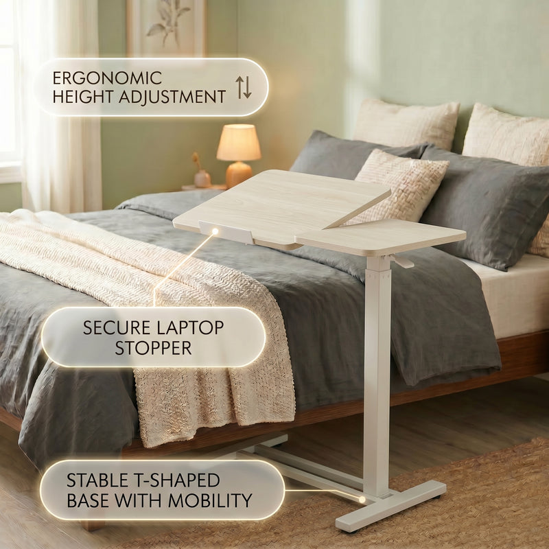 Telescoping height adjustment column on adjustable overbed table, range markers visible