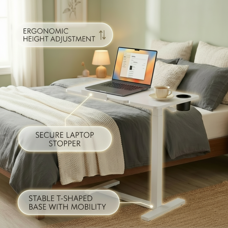 White overbed table with wheels positioned next to bed in bedroom setting