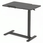 adjustable overbed table with wheels in black walnut finish, side view