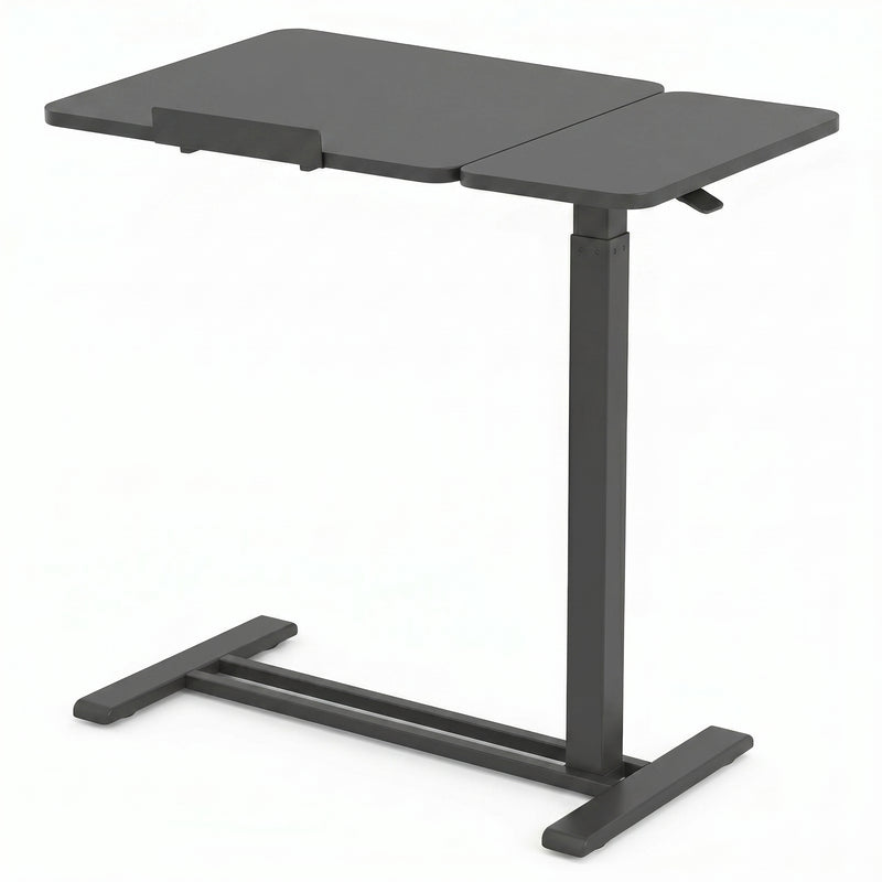 adjustable overbed table with wheels in black walnut finish, side view
