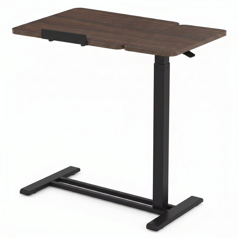 adjustable overbed table with wheels in black walnut finish, side view