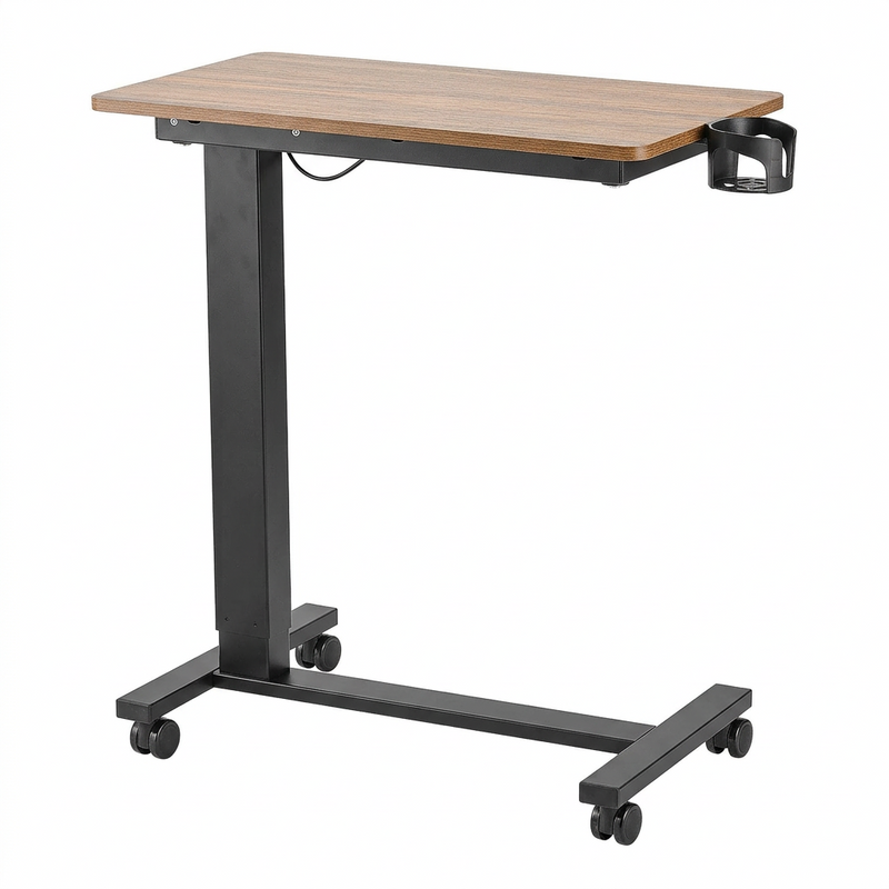 adjustable overbed table with wheels in black walnut finish, side view
