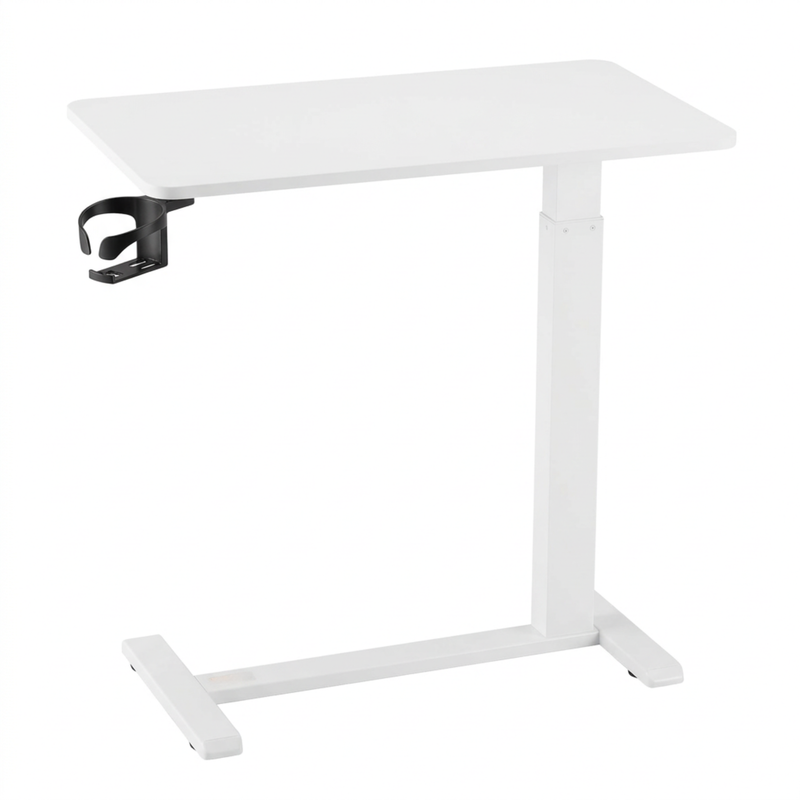 adjustable overbed table with wheels in black walnut finish, side view