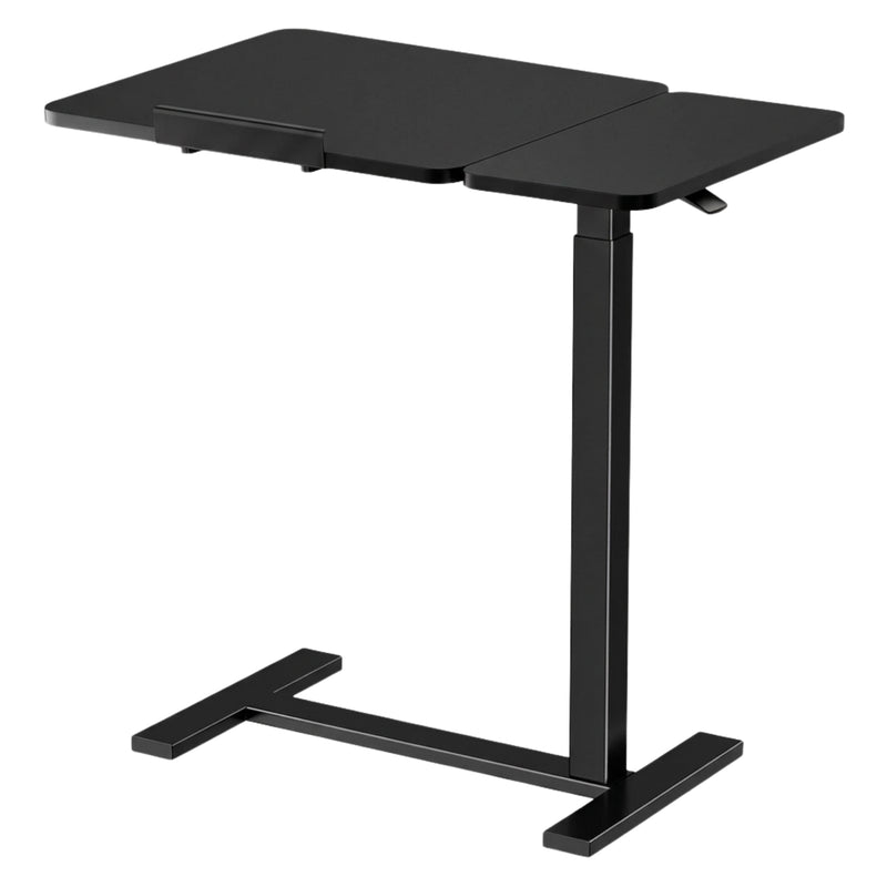 adjustable overbed table with wheels in black walnut finish, side view