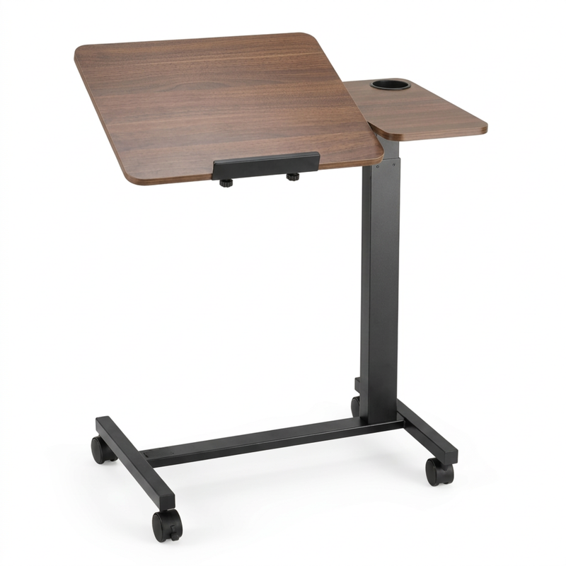 adjustable overbed table with wheels in black walnut finish, side view