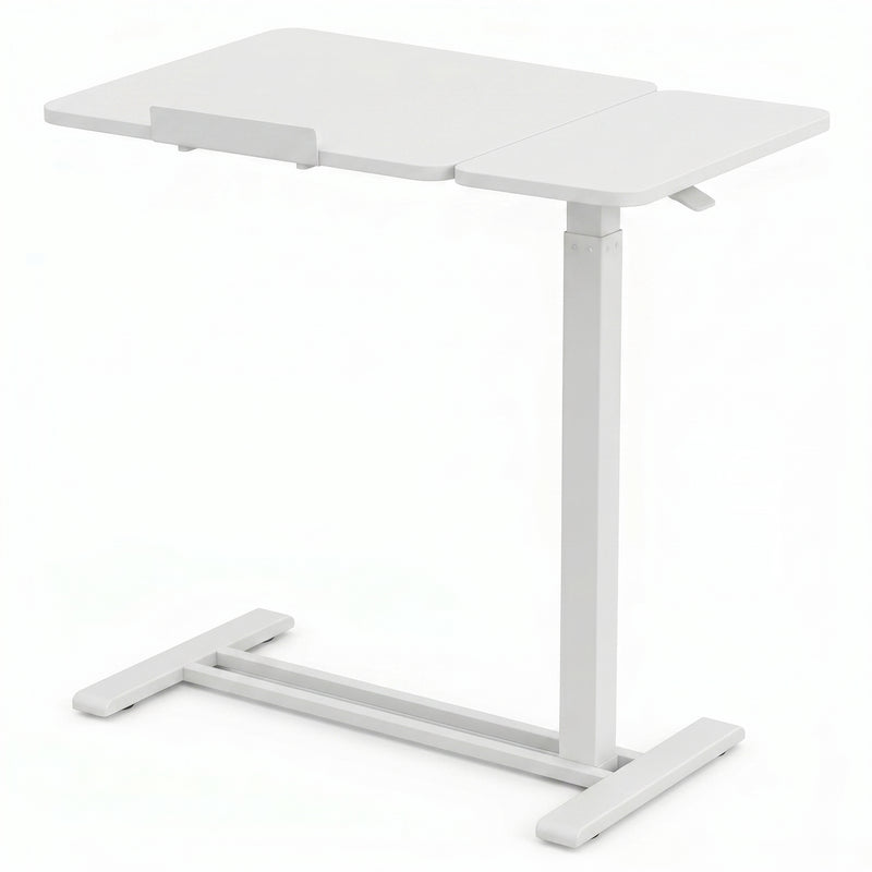 adjustable overbed table with wheels in black walnut finish, side view