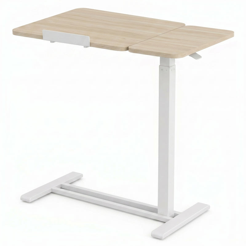 adjustable overbed table with wheels in black walnut finish, side view