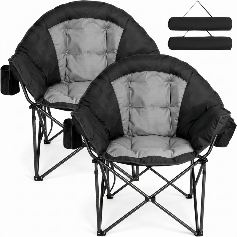 Black oversized padded camping chair for big and tall adults with cup holder, carry bag and 550 lb capacity