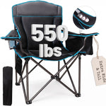 Black oversized padded camping chair for big and tall adults with cup holder, carry bag and 550 lb capacity