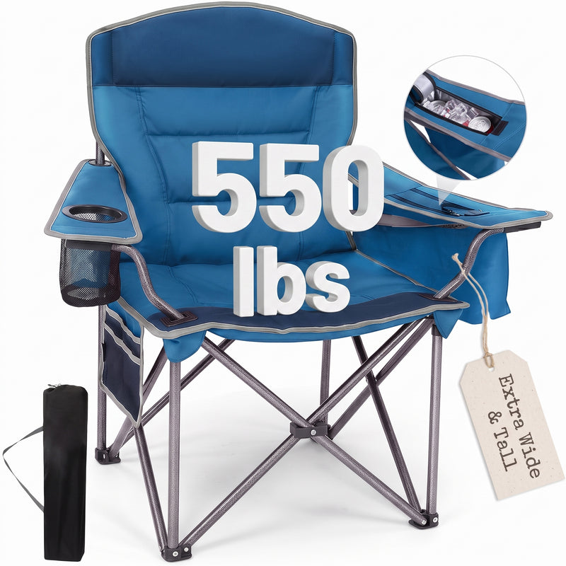 Black oversized padded camping chair for big and tall adults with cup holder, carry bag and 550 lb capacity