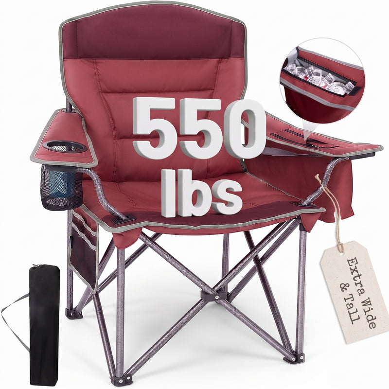 Black oversized padded camping chair for big and tall adults with cup holder, carry bag and 550 lb capacity