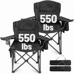 Black oversized padded camping chair for big and tall adults with cup holder, carry bag and 550 lb capacity