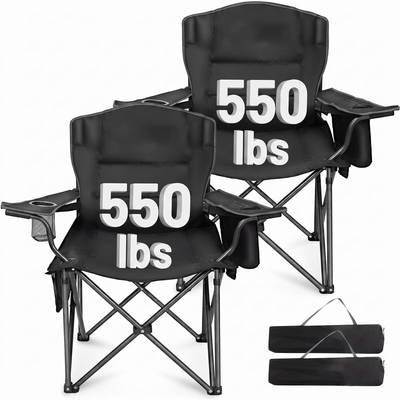 Black oversized padded camping chair for big and tall adults with cup holder, carry bag and 550 lb capacity