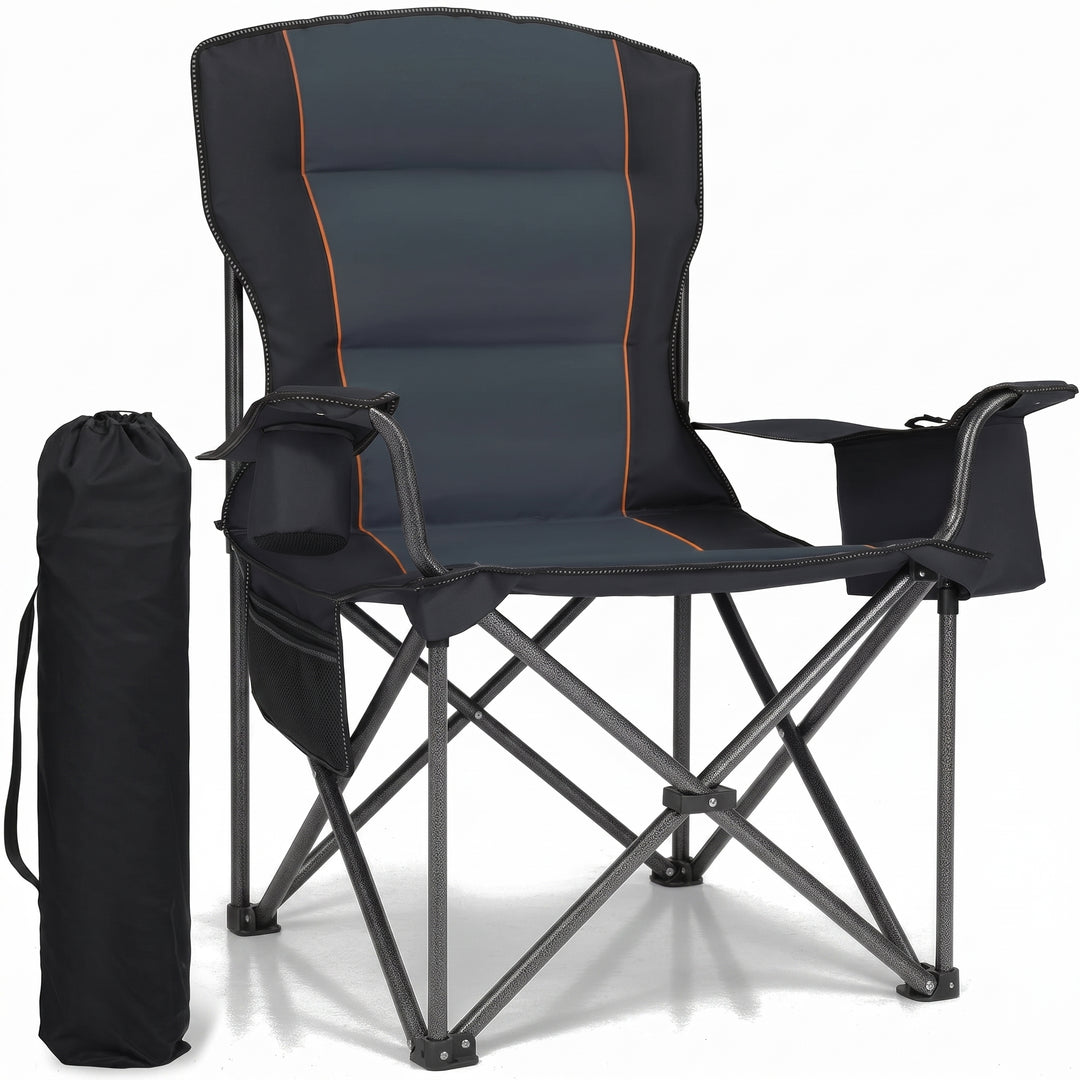 Black oversized padded camping chair for big and tall adults with cup holder, carry bag and 550 lb capacity