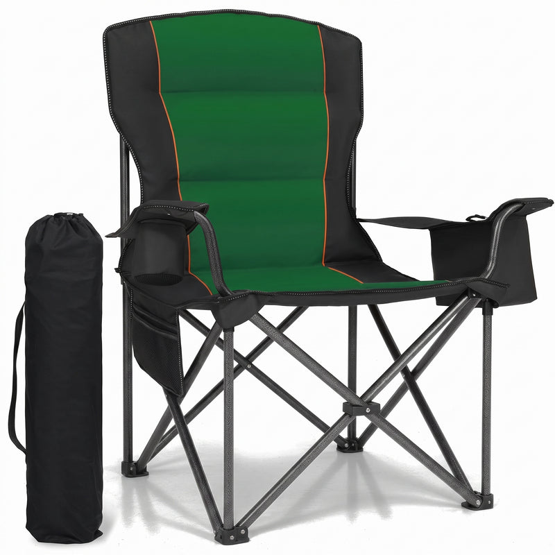 Black oversized padded camping chair for big and tall adults with cup holder, carry bag and 550 lb capacity