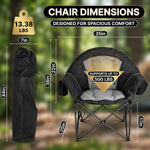 Man seated in an extra-wide oversized camping chair showing 40.55 inch width, 24.8 inch seat and folded carry bag size