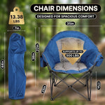Man seated in an extra-wide oversized camping chair showing 40.55 inch width, 24.8 inch seat and folded carry bag size