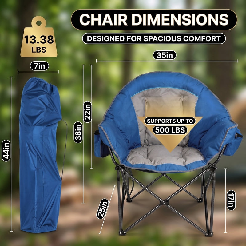 Man seated in an extra-wide oversized camping chair showing 40.55 inch width, 24.8 inch seat and folded carry bag size