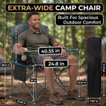Man seated in an extra-wide oversized camping chair showing 40.55 inch width, 24.8 inch seat and folded carry bag size