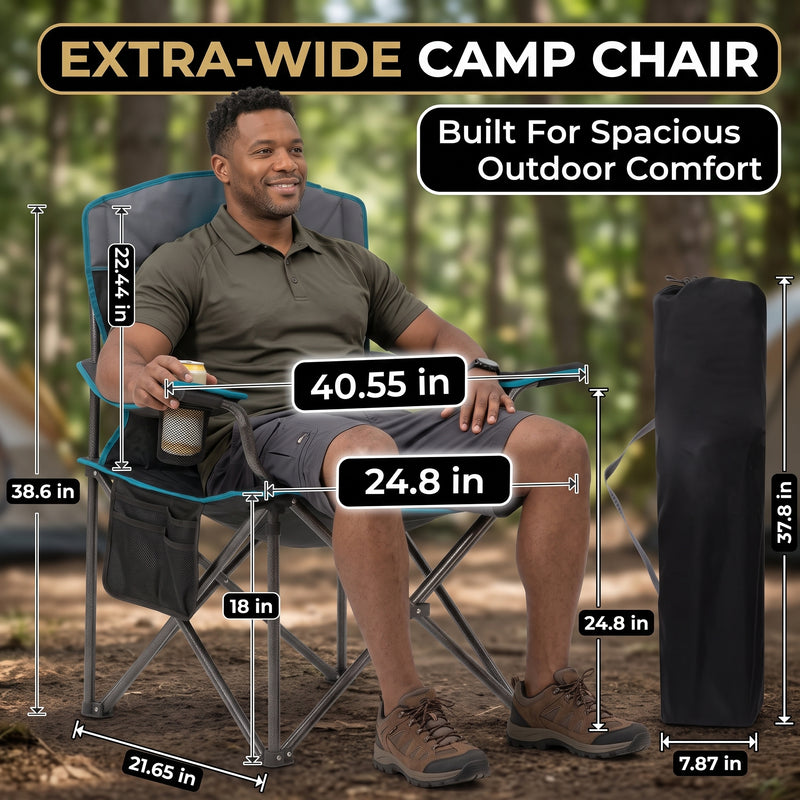 Man seated in an extra-wide oversized camping chair showing 40.55 inch width, 24.8 inch seat and folded carry bag size